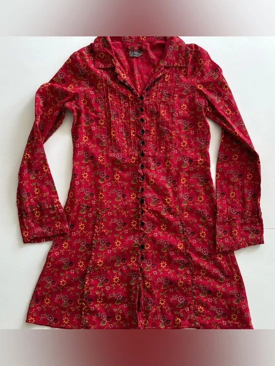 Free People Red Floral Long-Sleeve Shirt Dress y2k size 8 - Picture 2 of 7